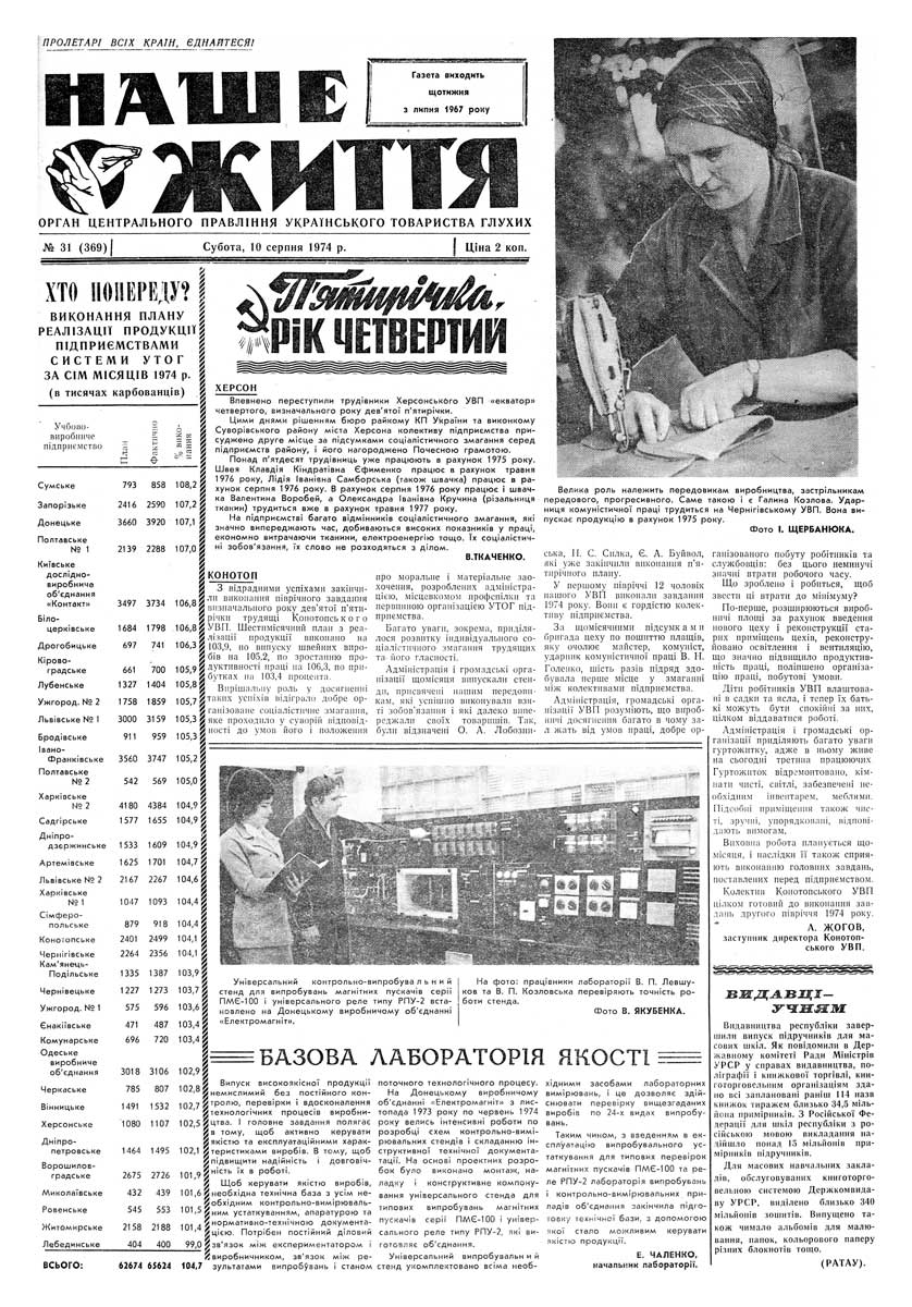 Газета "НАШЕ ЖИТТЯ" № 31 369, 10 серпня 1974 р.