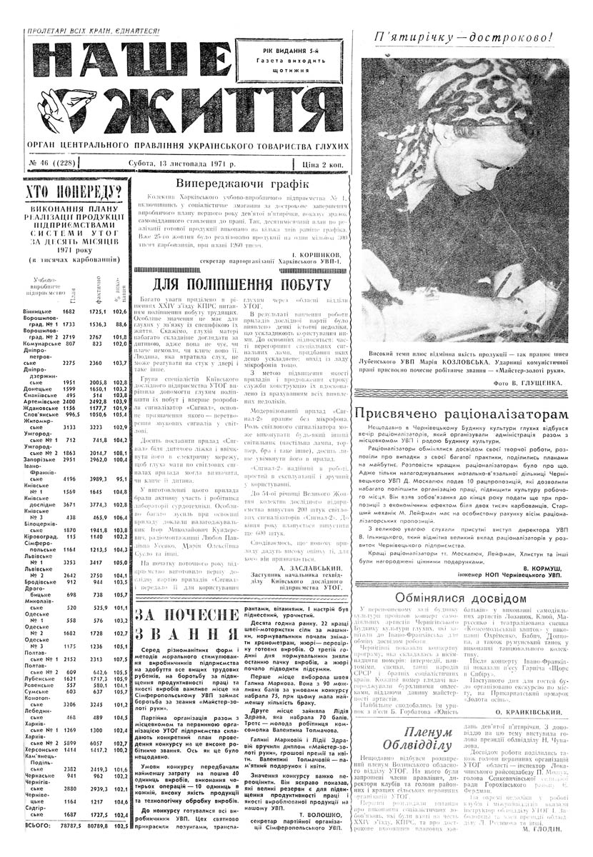 Газета "НАШЕ ЖИТТЯ" № 46 228, 13 листопада 1971 р.