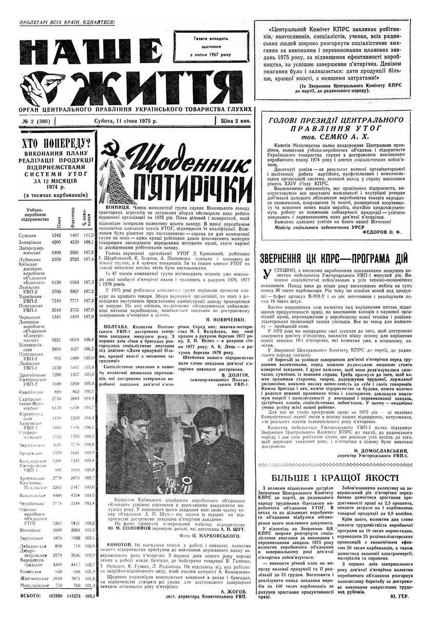 Газета "НАШЕ ЖИТТЯ" № 2 390, 11 січня 1975 р.