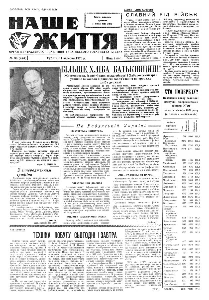 Газета "НАШЕ ЖИТТЯ" № 36 476, 11 вересня 1976 р.